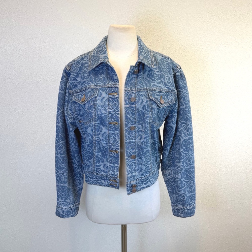 Anthropologie‎ Habitual Jacquard Rose Denim Jacket Sz XS Cropped Trucker Floral